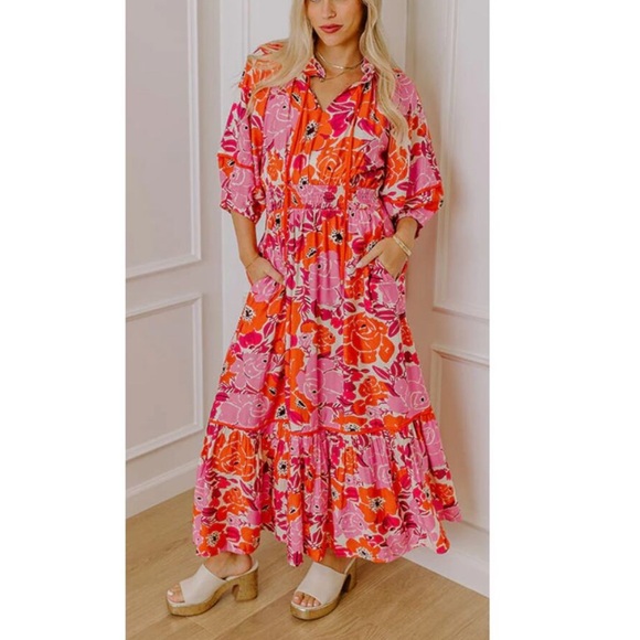 entro Dresses & Skirts - NWT Entro Floral Smocked Tiered Boho Maxi Dress 3/4 Sleeve Size Large